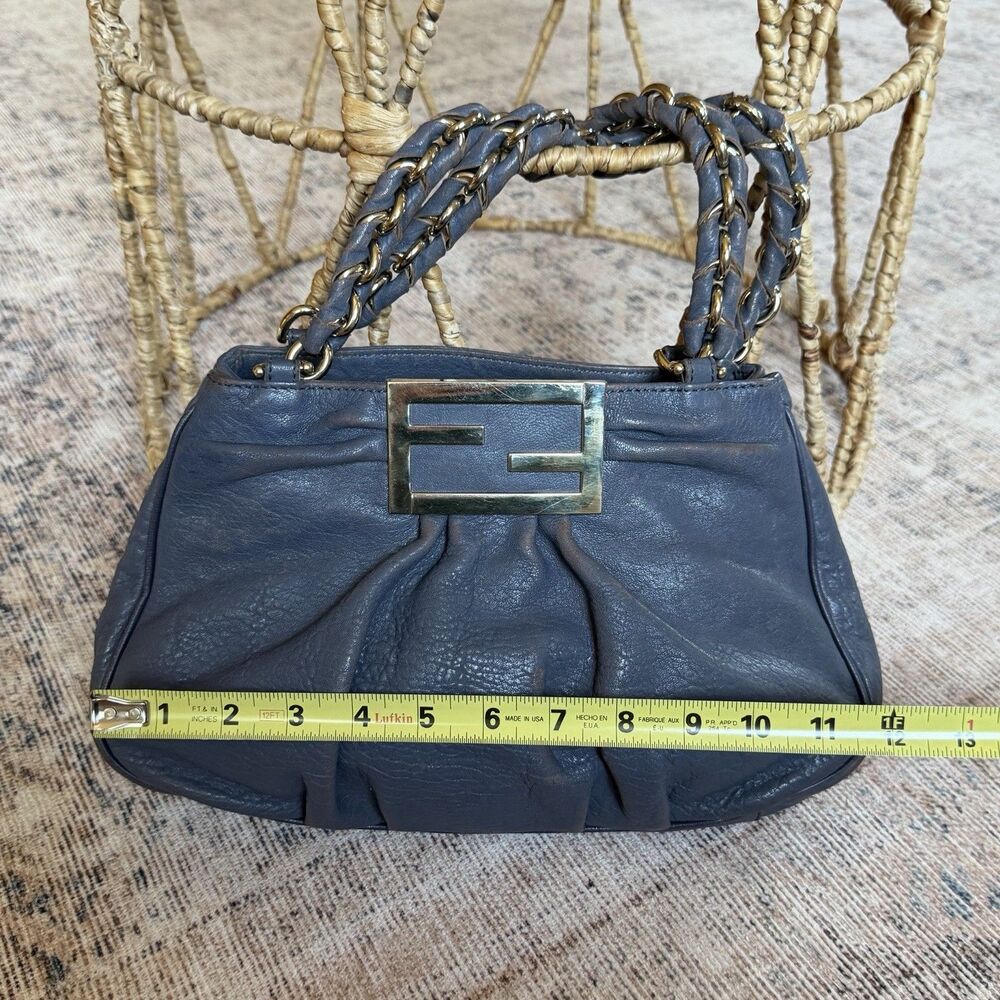 FENDI Crinkled Lambskin Mia Tote Blue Gray Leather Shoulder Handbag Authentic - Picture 10 of 16
